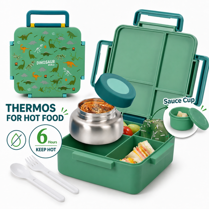 MEHOOM Kids Lunch Box, Leakproof Bento Box for kids with 4 Compartments & 18oz Soup Thermos for Hot Food, kids Insulated Lunch Box Durable, Drop-Proof, BPA-Free Materials (Green Dinosaur)