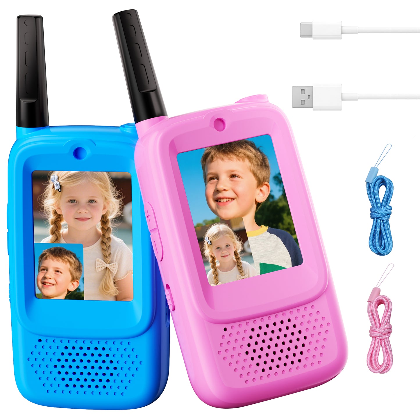 METIYEA Video Walkie Talkies for Kids, 2-Pack Rechargeable Walkie Talkies with Camera, Long Range Two-Way Radios for Boys & Girls Ages 3–12, Indoor Outdoor Play, Camping & Birthday Gift (Blue/Pink)