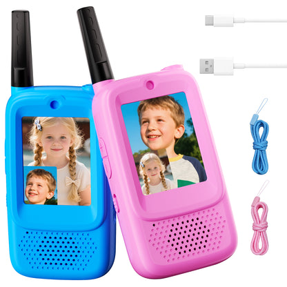 METIYEA Video Walkie Talkies for Kids, 2-Pack Rechargeable Walkie Talkies with Camera, Long Range Two-Way Radios for Boys & Girls Ages 3–12, Indoor Outdoor Play, Camping & Birthday Gift (Blue/Pink)