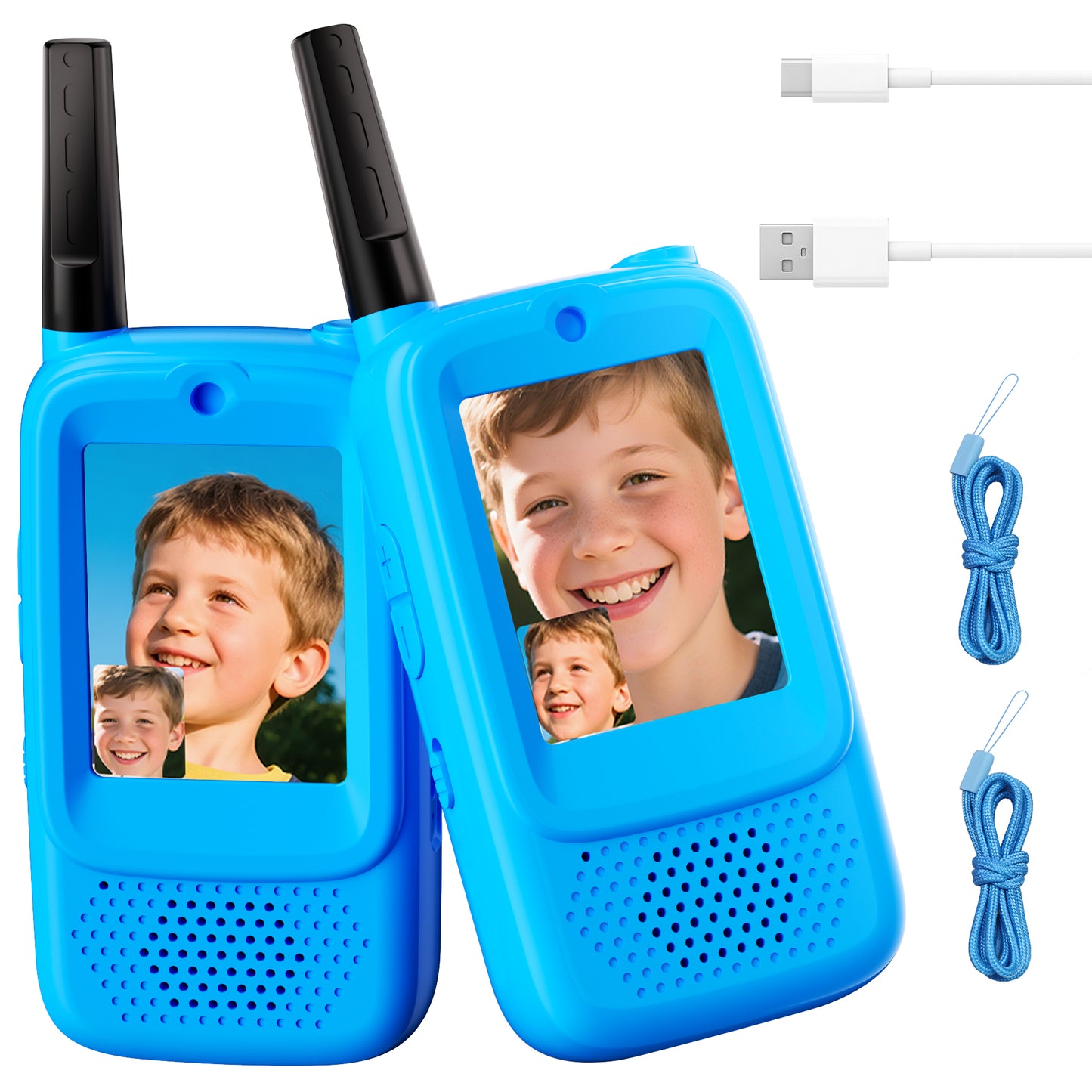 METIYEA Video Walkie Talkies for Kids, 2-Pack Rechargeable Walkie Talkies with Camera, Long Range Two-Way Radios for Boys & Girls Ages 3–12, Indoor Outdoor Play, Camping & Birthday Gift (Blue/Blue)