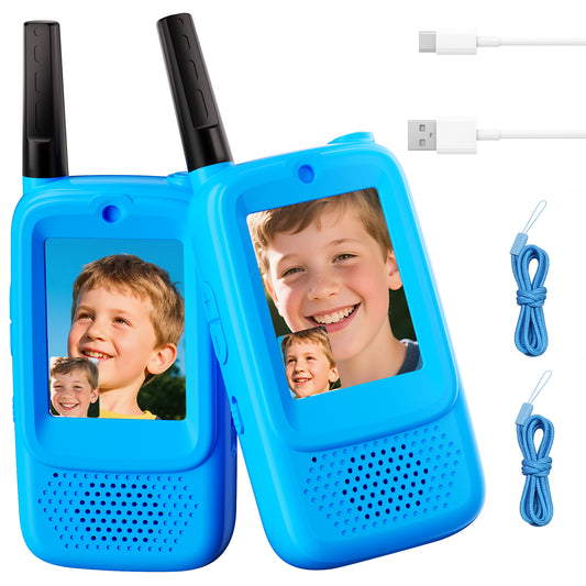 METIYEA Video Walkie Talkies for Kids, 2-Pack Rechargeable Walkie Talkies with Camera, Long Range Two-Way Radios for Boys & Girls Ages 3–12, Indoor Outdoor Play, Camping & Birthday Gift (Blue/Blue)