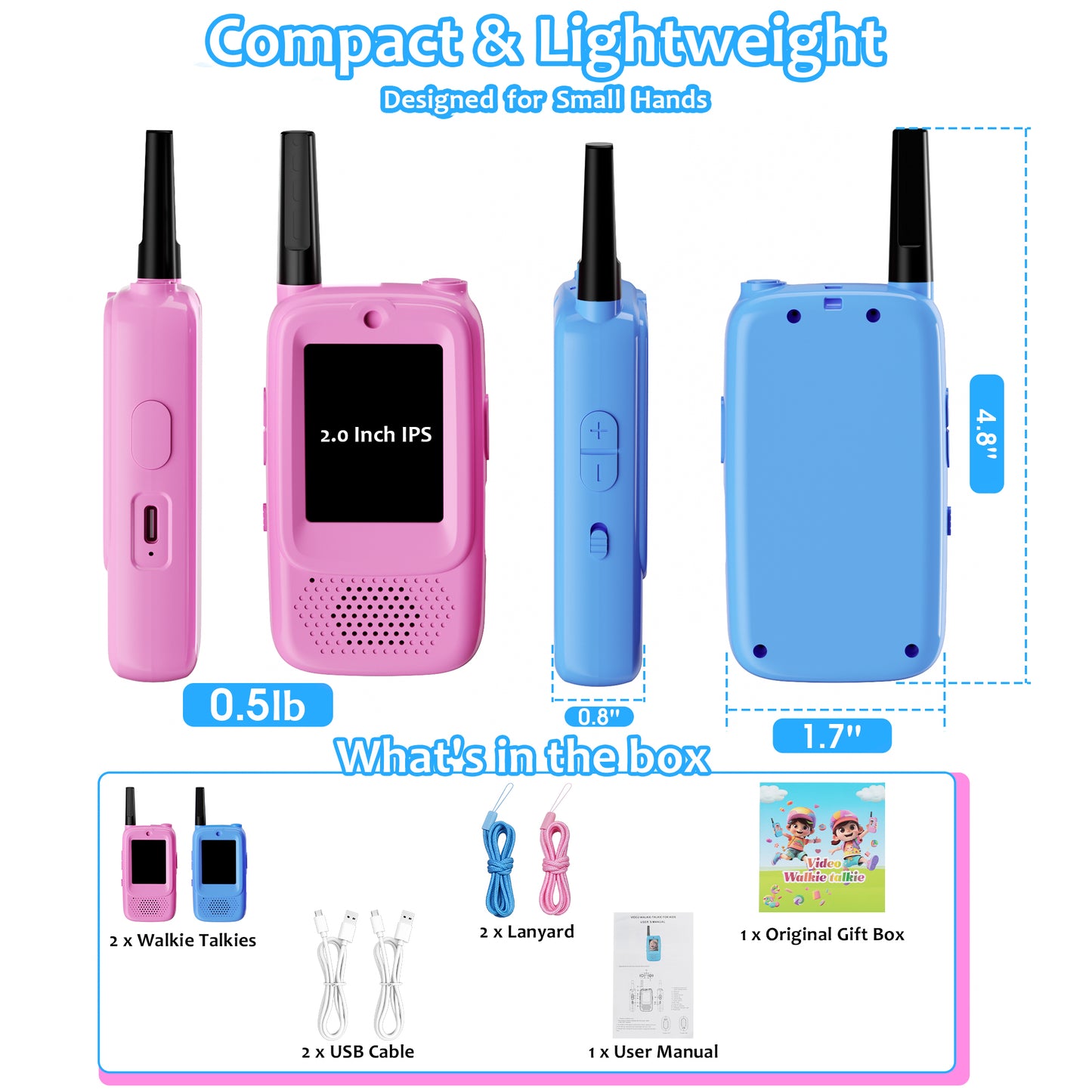 METIYEA Video Walkie Talkies for Kids, 2-Pack Rechargeable Walkie Talkies with Camera, Long Range Two-Way Radios for Boys & Girls Ages 3–12, Indoor Outdoor Play, Camping & Birthday Gift (Blue/Pink)