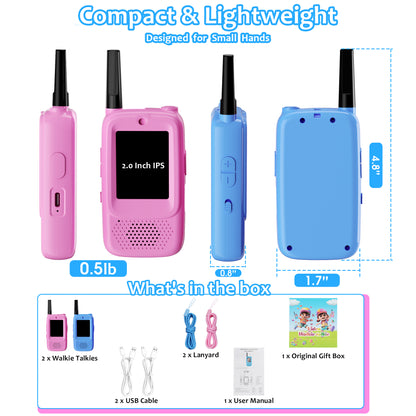 METIYEA Video Walkie Talkies for Kids, 2-Pack Rechargeable Walkie Talkies with Camera, Long Range Two-Way Radios for Boys & Girls Ages 3–12, Indoor Outdoor Play, Camping & Birthday Gift (Blue/Pink)