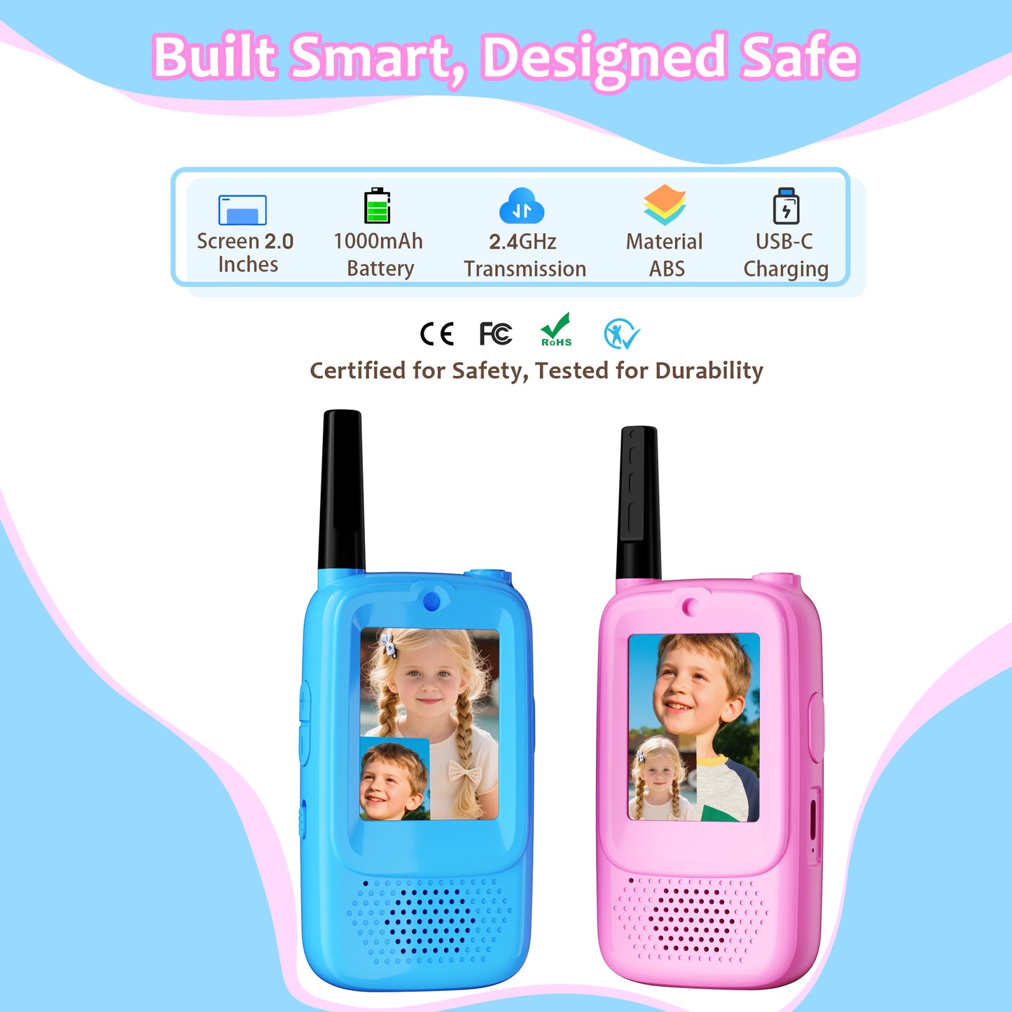 METIYEA Video Walkie Talkies for Kids, 2-Pack Rechargeable Walkie Talkies with Camera, Long Range Two-Way Radios for Boys & Girls Ages 3–12, Indoor Outdoor Play, Camping & Birthday Gift (Pink/Pink)