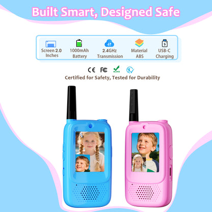 METIYEA Video Walkie Talkies for Kids, 2-Pack Rechargeable Walkie Talkies with Camera, Long Range Two-Way Radios for Boys & Girls Ages 3–12, Indoor Outdoor Play, Camping & Birthday Gift (Blue/Blue)