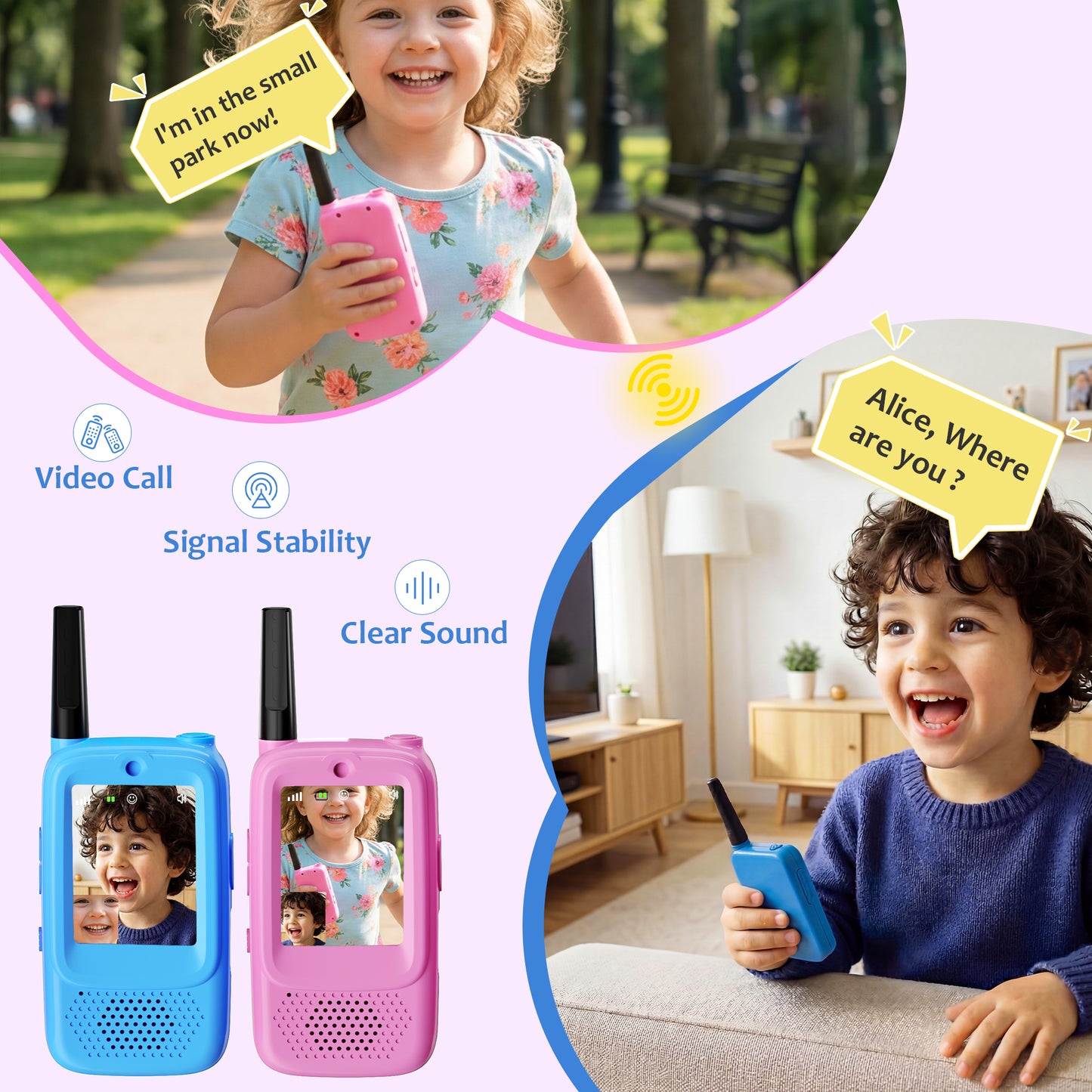 METIYEA Video Walkie Talkies for Kids, 2-Pack Rechargeable Walkie Talkies with Camera, Long Range Two-Way Radios for Boys & Girls Ages 3–12, Indoor Outdoor Play, Camping & Birthday Gift (Blue/Pink)