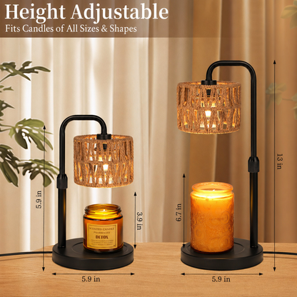 MEHOOM Rattan Candle Warmer Lamp with Dimmer Timer, Adjustable Height Warmer for Jar Candles, Light Brown Lampshade with 2 Bulbs, Home Decor Gifts for Bedroom Living Room