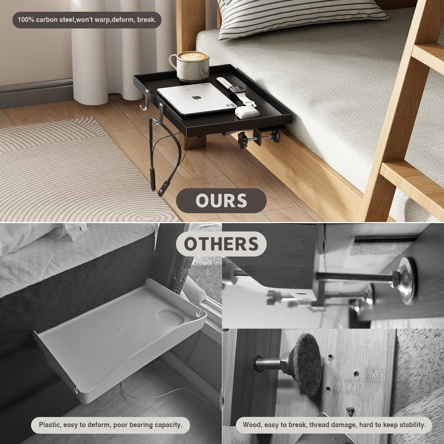 MEHOOM Bedside Shelf for College Dorm Room Essentials, Metal Foldable Bedside Table with Hooks, Cable Hole&Clip, Cup Holder, Bunk Bed Tray Clip on Floating Nightstand