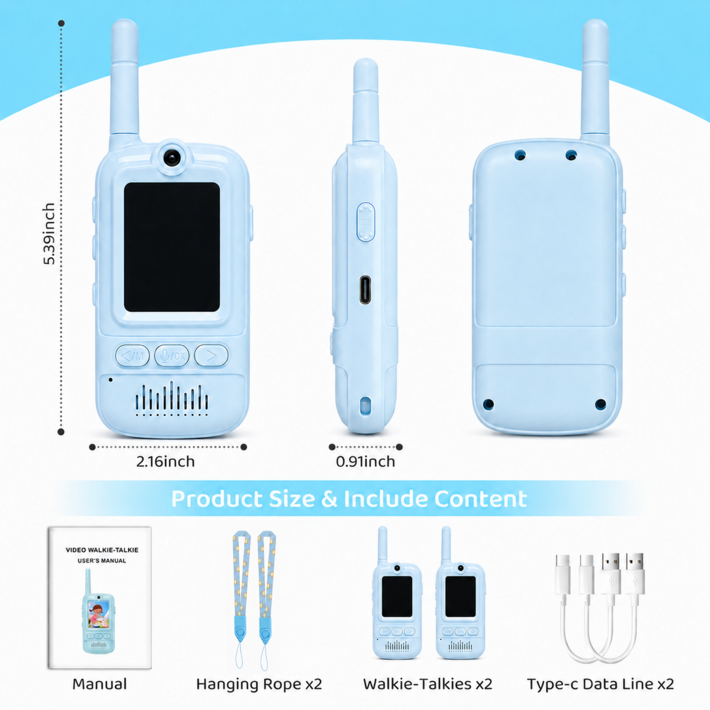 Multifunctional Video Walkie Talkies for Kids, Rechargeable Walkie Talkies with Camera & Message Storage, Long-Range Two-Way Radios for Indoor Outdoor Play, Boys & Girls Ages 3–12 (Blue/Blue)