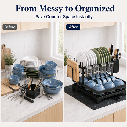 MEHOOM 2-Tier Dish Drying Rack, Dish Rack, Stainless Steel Dish Rack with Auto Drainage System and Absorbent Mat, Dish Drainer for Kitchen Counter