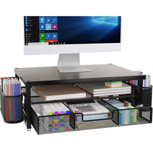 MEHOOM 2-Tier Monitor Stand Riser with Drawer and Pen Holders, Desk Organizer and Accessories for Laptop, Office, and Dorm Desktop Setup, Black