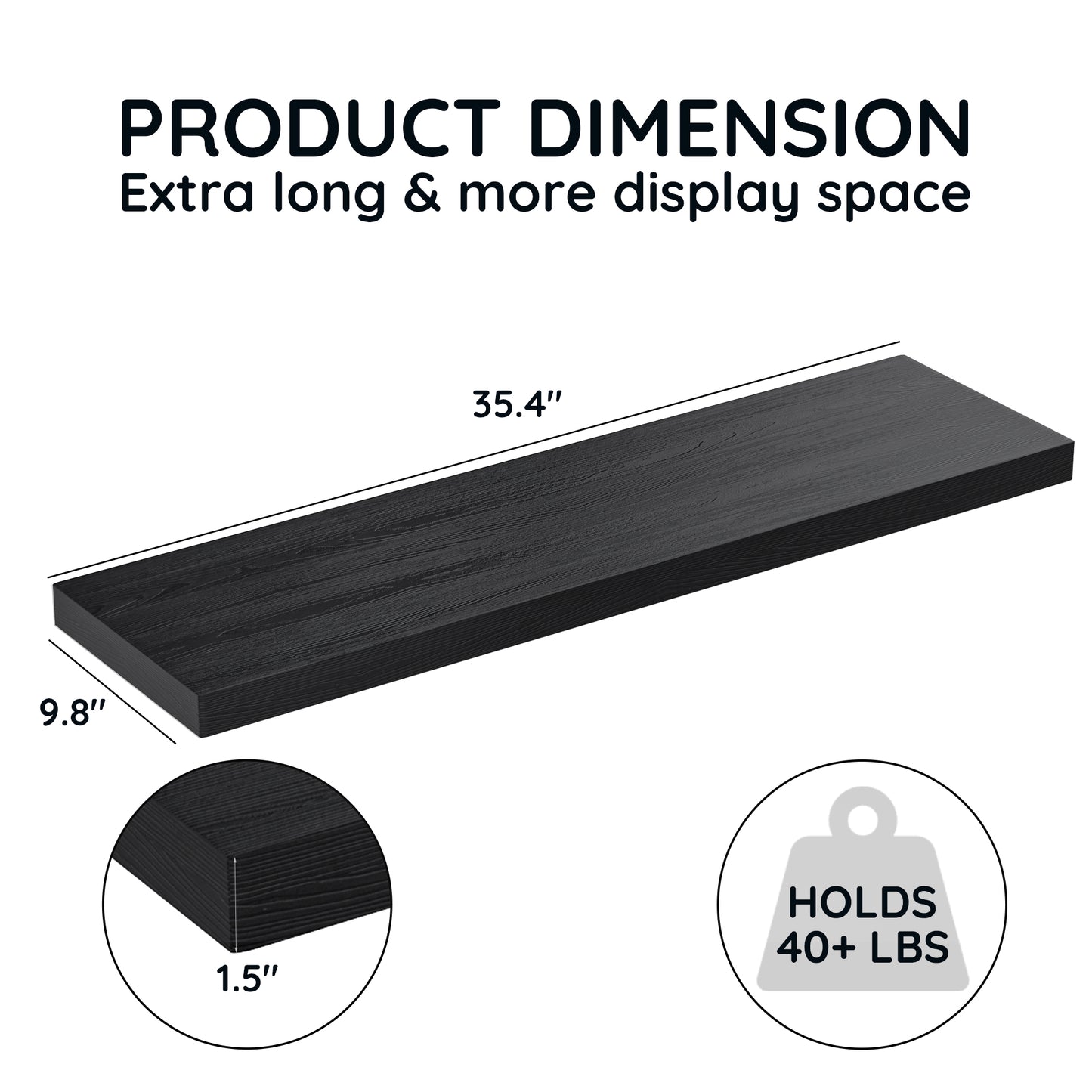 MEHOOM 36 Inch Floating Shelves, Solid Wood Wall Mounted Shelves for Bathroom, Bedroom, Living Room, Kitchen & Office, Heavy Duty Hanging Wall Shelf with 40 lbs Capacity (Black, 2 Pack)