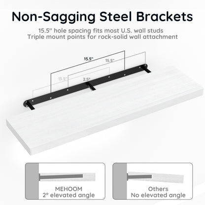 MEHOOM 36 Inch Extra Long Solid Wood Floating Shelves for Wall, Large Wall Shelves for Bathroom, Bedroom, Kitchen & Book Storage, Mounted Floating Shelf with Invisible Brackets (White, 2 Pack)