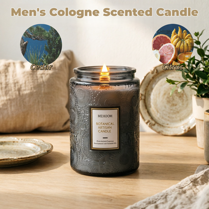 MEHOOM Men's Cologne Wood Wick Scented Candle, 20oz Large Beeswax & Soy Blend, Clean Burning 100-Hour Candle, Cozy Gift for Home Decor
