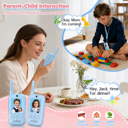 Multifunctional Video Walkie Talkies for Kids, Rechargeable Walkie Talkies with Camera & Message Storage, Long-Range Two-Way Radios for Indoor Outdoor Play, Boys & Girls Ages 3–12 (Blue/Blue)