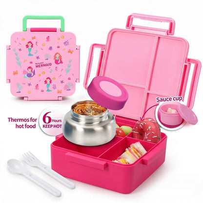 MEHOOM Kids Lunch Box, Leakproof Bento Box for kids with 4 Compartments & 18oz Soup Thermos for Hot Food, kids Insulated Lunch Box Durable, Drop-Proof, BPA-Free Materials (Pink Mermaid)