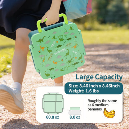 MEHOOM Kids Lunch Box, Leakproof Bento Box for kids with 4 Compartments & 18oz Soup Thermos for Hot Food, kids Insulated Lunch Box Durable, Drop-Proof, BPA-Free Materials (Green Dinosaur)