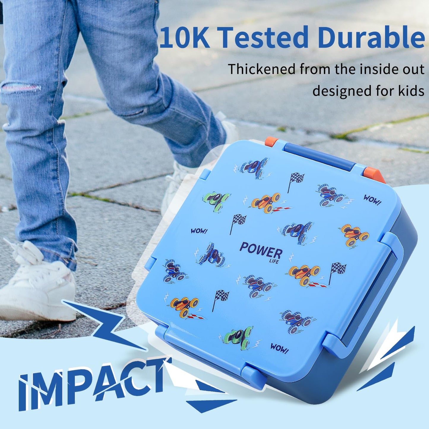 MEHOOM Kids Lunch Box, Leakproof Bento Box for kids with 4 Compartments & 18oz Soup Thermos for Hot Food, kids Insulated Lunch Box Durable, Drop-Proof,BPA-Free Materials(Bule Racing)