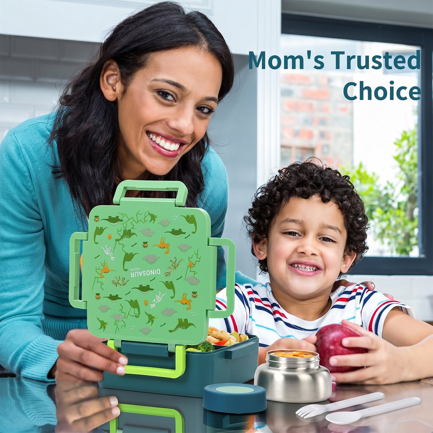 MEHOOM Kids Lunch Box, Leakproof Bento Box for kids with 4 Compartments & 18oz Soup Thermos for Hot Food, kids Insulated Lunch Box Durable, Drop-Proof, BPA-Free Materials (Green Dinosaur)
