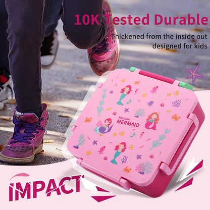 MEHOOM Kids Lunch Box, Leakproof Bento Box for kids with 4 Compartments & 18oz Soup Thermos for Hot Food, kids Insulated Lunch Box Durable, Drop-Proof, BPA-Free Materials (Pink Mermaid)