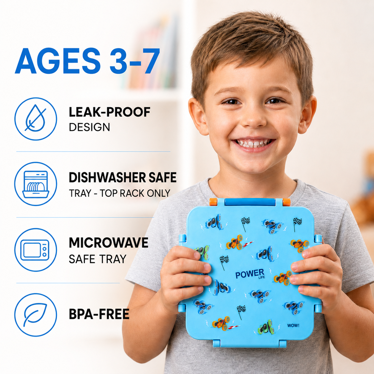 MEHOOM Kids Lunch Box, Leakproof Bento Box for kids with 4 Compartments & 18oz Soup Thermos for Hot Food, kids Insulated Lunch Box Durable, Drop-Proof,BPA-Free Materials(Bule Racing)