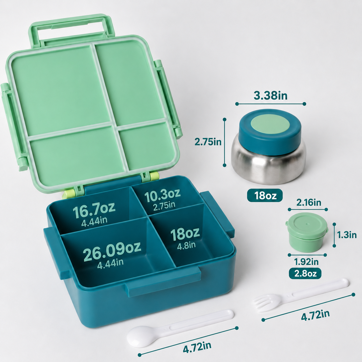MEHOOM Kids Lunch Box, Leakproof Bento Box for kids with 4 Compartments & 18oz Soup Thermos for Hot Food, kids Insulated Lunch Box Durable, Drop-Proof, BPA-Free Materials (Green Dinosaur)