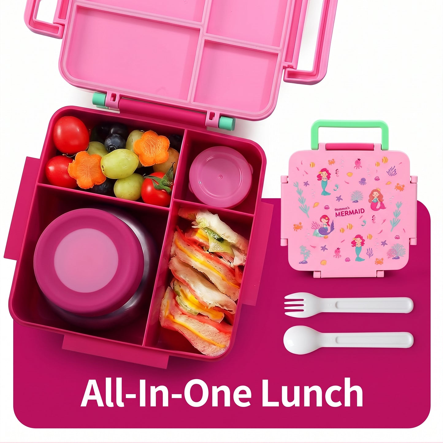 MEHOOM Kids Lunch Box, Leakproof Bento Box for kids with 4 Compartments & 18oz Soup Thermos for Hot Food, kids Insulated Lunch Box Durable, Drop-Proof, BPA-Free Materials (Pink Mermaid)