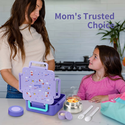 MEHOOM Kids Lunch Box, Leakproof Bento Box for kids with 4 Compartments & 18oz Soup Thermos for Hot Food, kids Insulated Lunch Box Durable, Drop-Proof, BPA-Free Materials(Purple Unicorn)