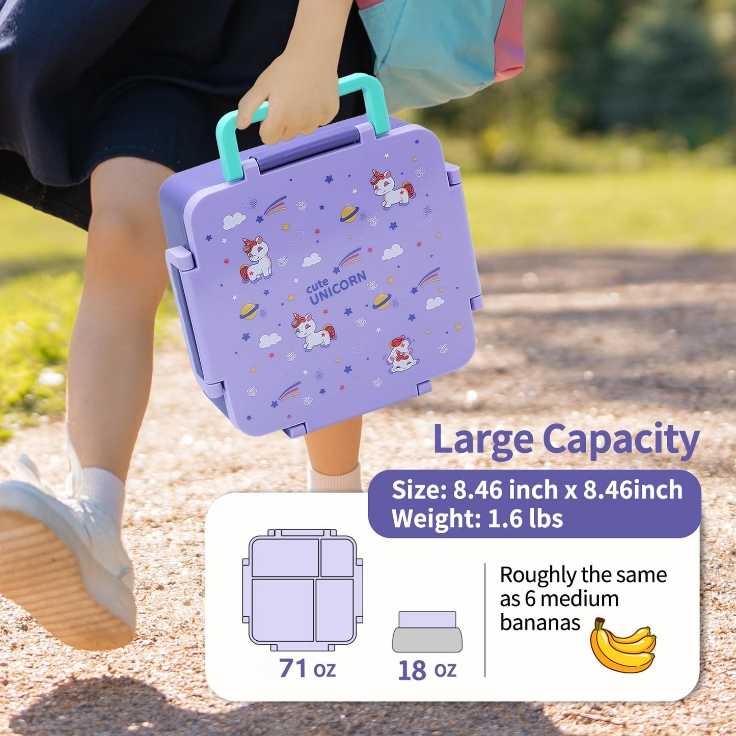 MEHOOM Kids Lunch Box, Leakproof Bento Box for kids with 4 Compartments & 18oz Soup Thermos for Hot Food, kids Insulated Lunch Box Durable, Drop-Proof, BPA-Free Materials(Purple Unicorn)