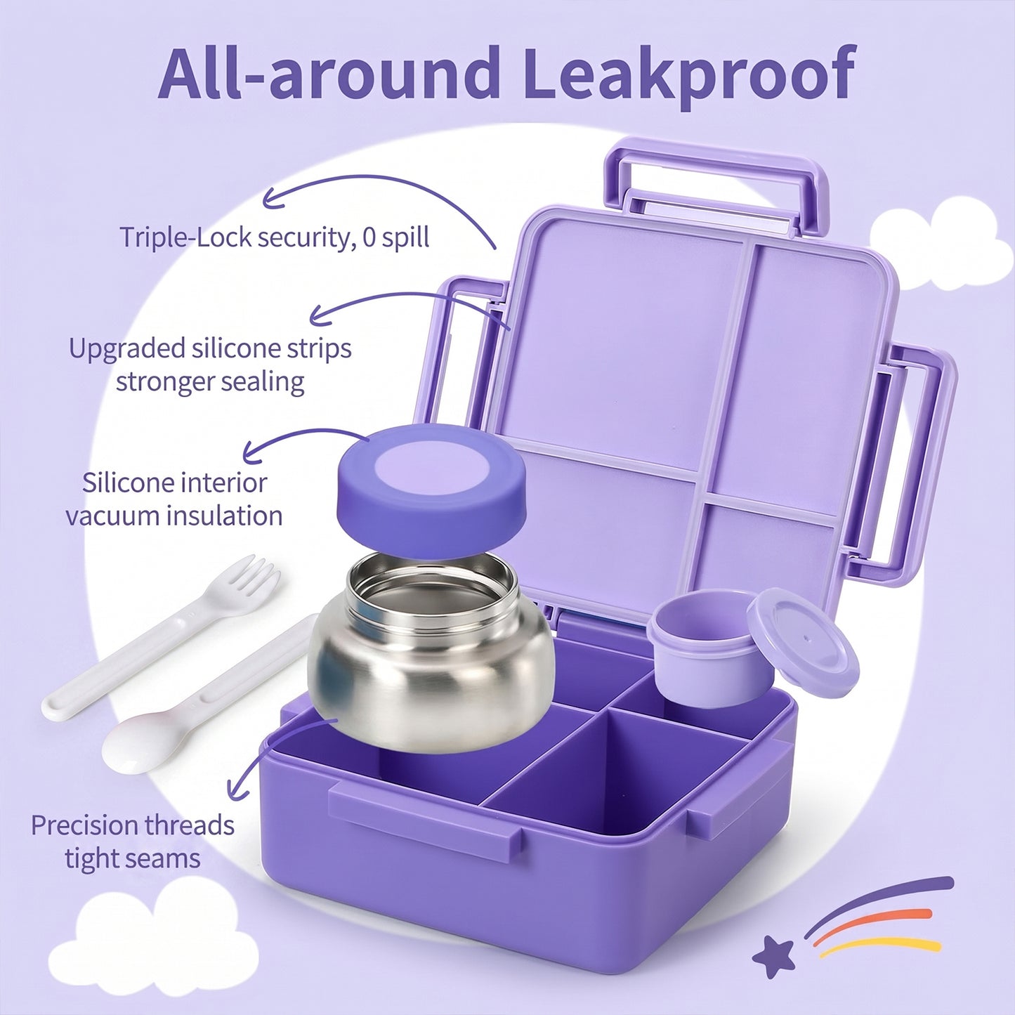 MEHOOM Kids Lunch Box, Leakproof Bento Box for kids with 4 Compartments & 18oz Soup Thermos for Hot Food, kids Insulated Lunch Box Durable, Drop-Proof, BPA-Free Materials(Purple Unicorn)