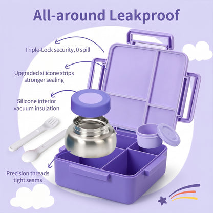 MEHOOM Kids Lunch Box, Leakproof Bento Box for kids with 4 Compartments & 18oz Soup Thermos for Hot Food, kids Insulated Lunch Box Durable, Drop-Proof, BPA-Free Materials(Purple Unicorn)