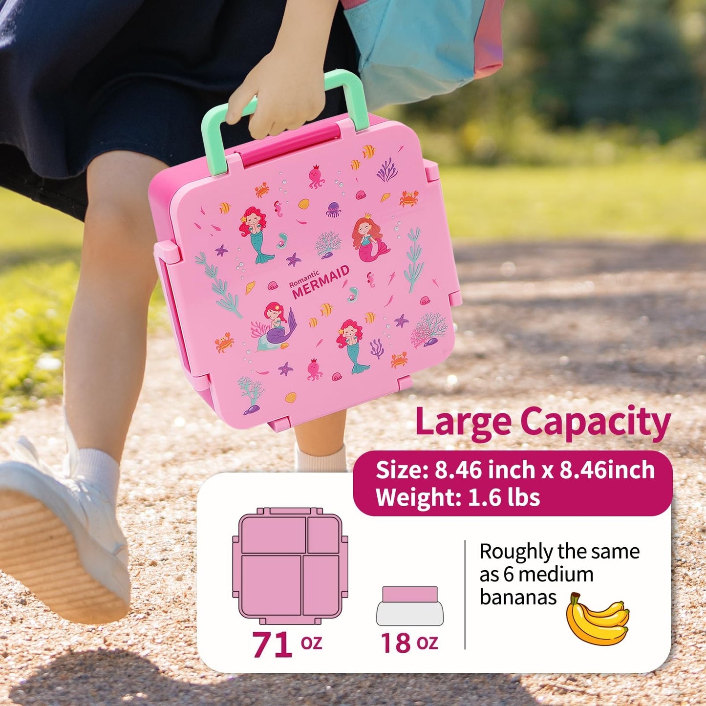 MEHOOM Kids Lunch Box, Leakproof Bento Box for kids with 4 Compartments & 18oz Soup Thermos for Hot Food, kids Insulated Lunch Box Durable, Drop-Proof, BPA-Free Materials (Pink Mermaid)