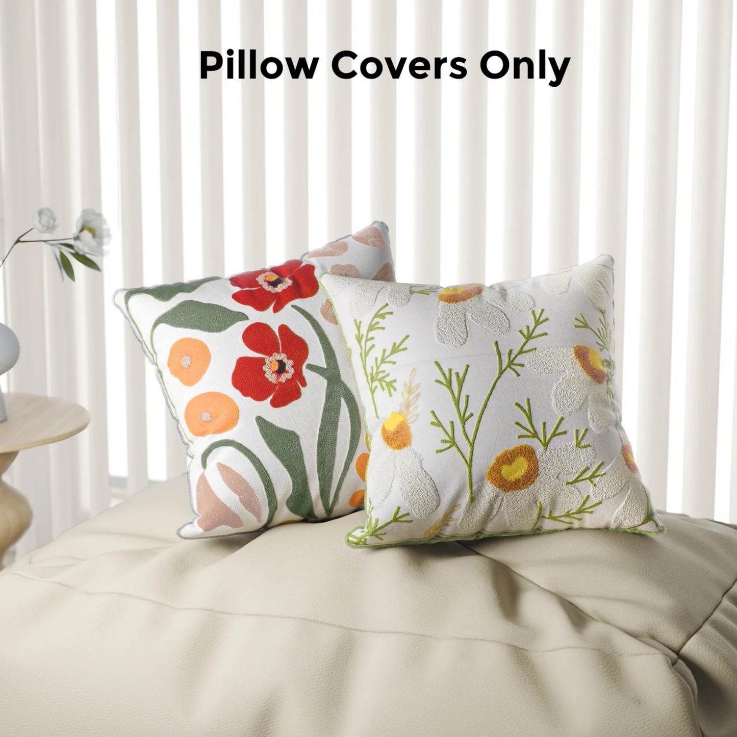 MEHOOM Farmhouse Throw Pillow Covers 18x18 Set of 2, Soft Decorative Pillow Covers, Floral Hand Embroidered Cushion Cases Set, Boho Home Decor for Sofa Living Room Couch Bedroom Car
