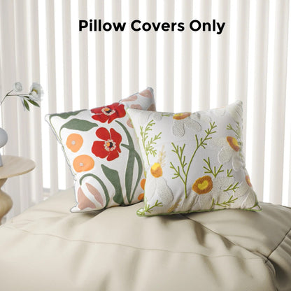 MEHOOM Farmhouse Throw Pillow Covers 18x18 Set of 2, Soft Decorative Pillow Covers, Floral Hand Embroidered Cushion Cases Set, Boho Home Decor for Sofa Living Room Couch Bedroom Car