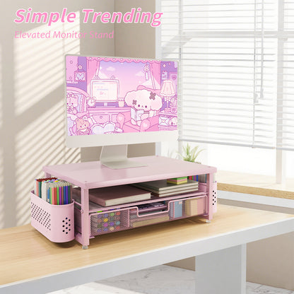 MEHOOM Desk Organizer, 2-Tier Monitor Stand with Storage and 2 Pen Holder, Laptop Stand, Office Desk Accessories for Office Supplies, Pink