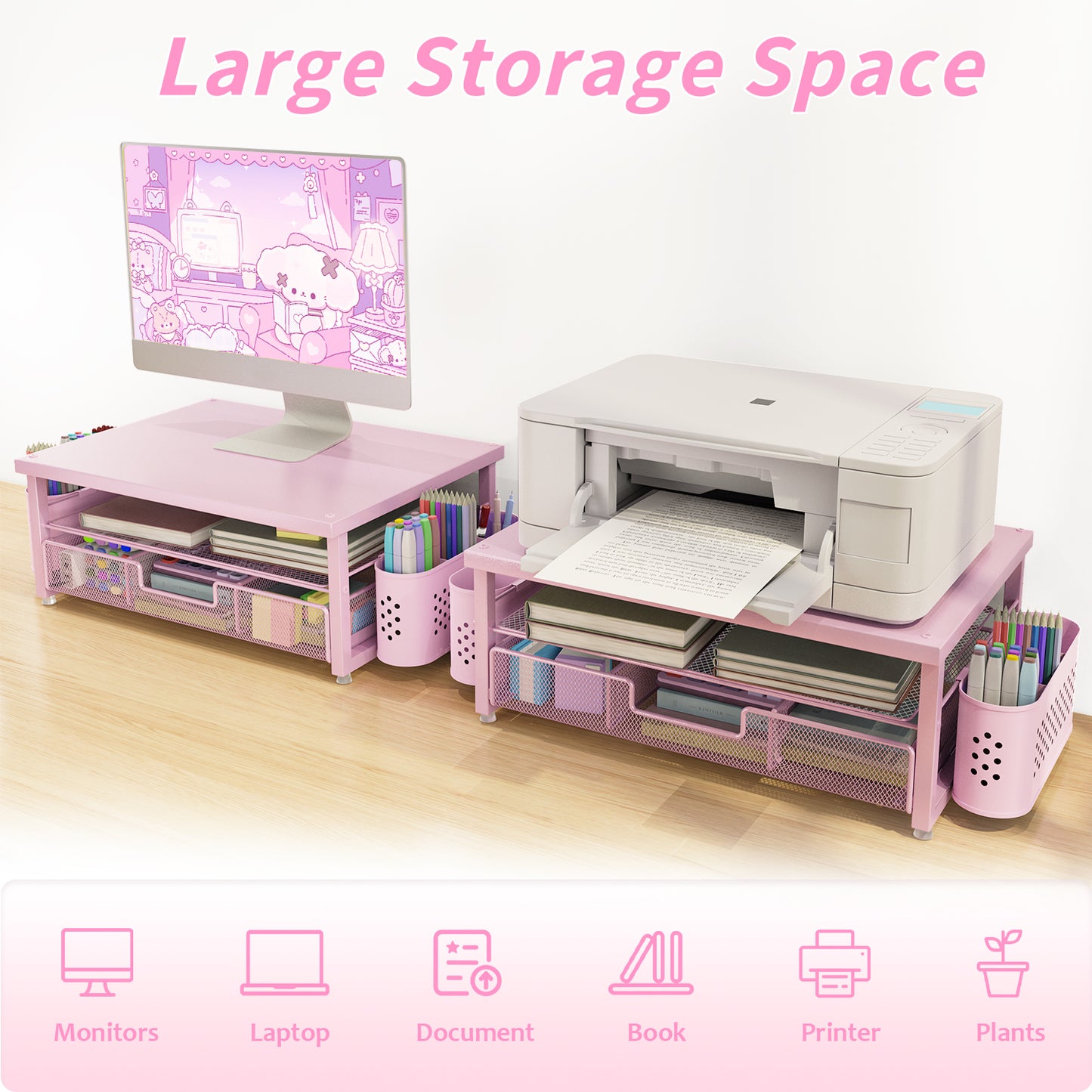 MEHOOM Desk Organizer, 2-Tier Monitor Stand with Storage and 2 Pen Holder, Laptop Stand, Office Desk Accessories for Office Supplies, Pink