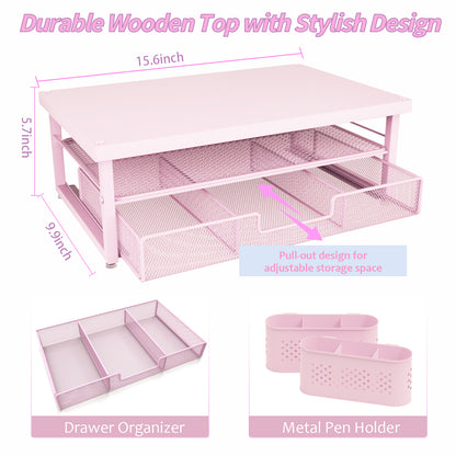 MEHOOM Desk Organizer, 2-Tier Monitor Stand with Storage and 2 Pen Holder, Laptop Stand, Office Desk Accessories for Office Supplies, Pink