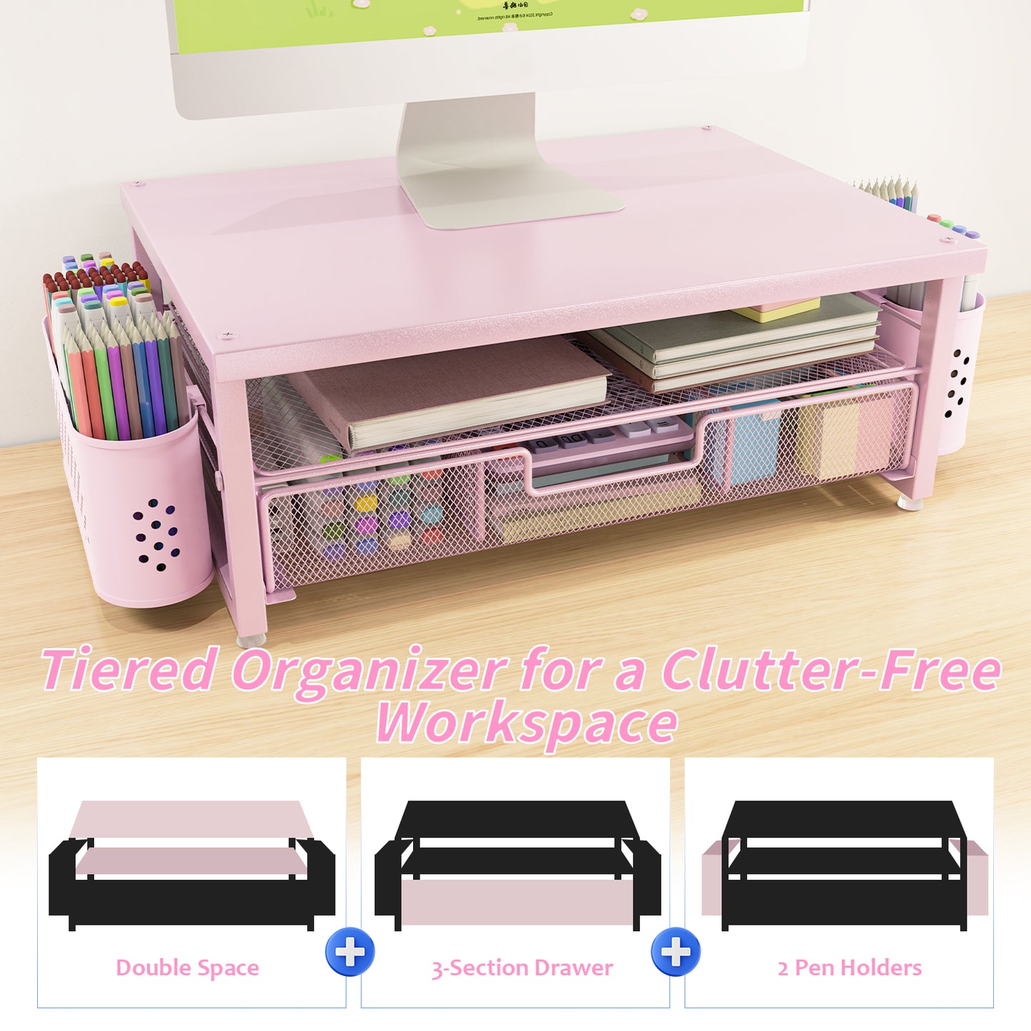 MEHOOM Desk Organizer, 2-Tier Monitor Stand with Storage and 2 Pen Holder, Laptop Stand, Office Desk Accessories for Office Supplies, Pink