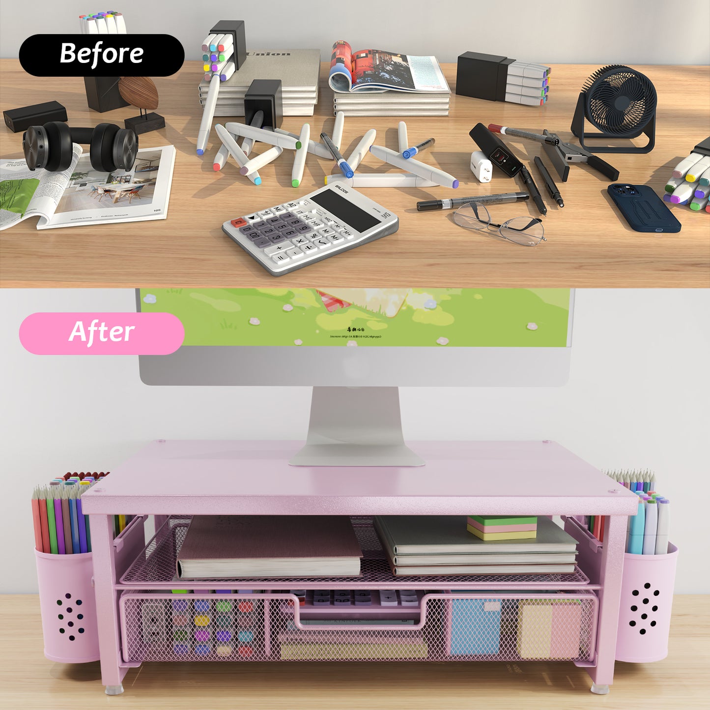 MEHOOM Desk Organizer, 2-Tier Monitor Stand with Storage and 2 Pen Holder, Laptop Stand, Office Desk Accessories for Office Supplies, Pink