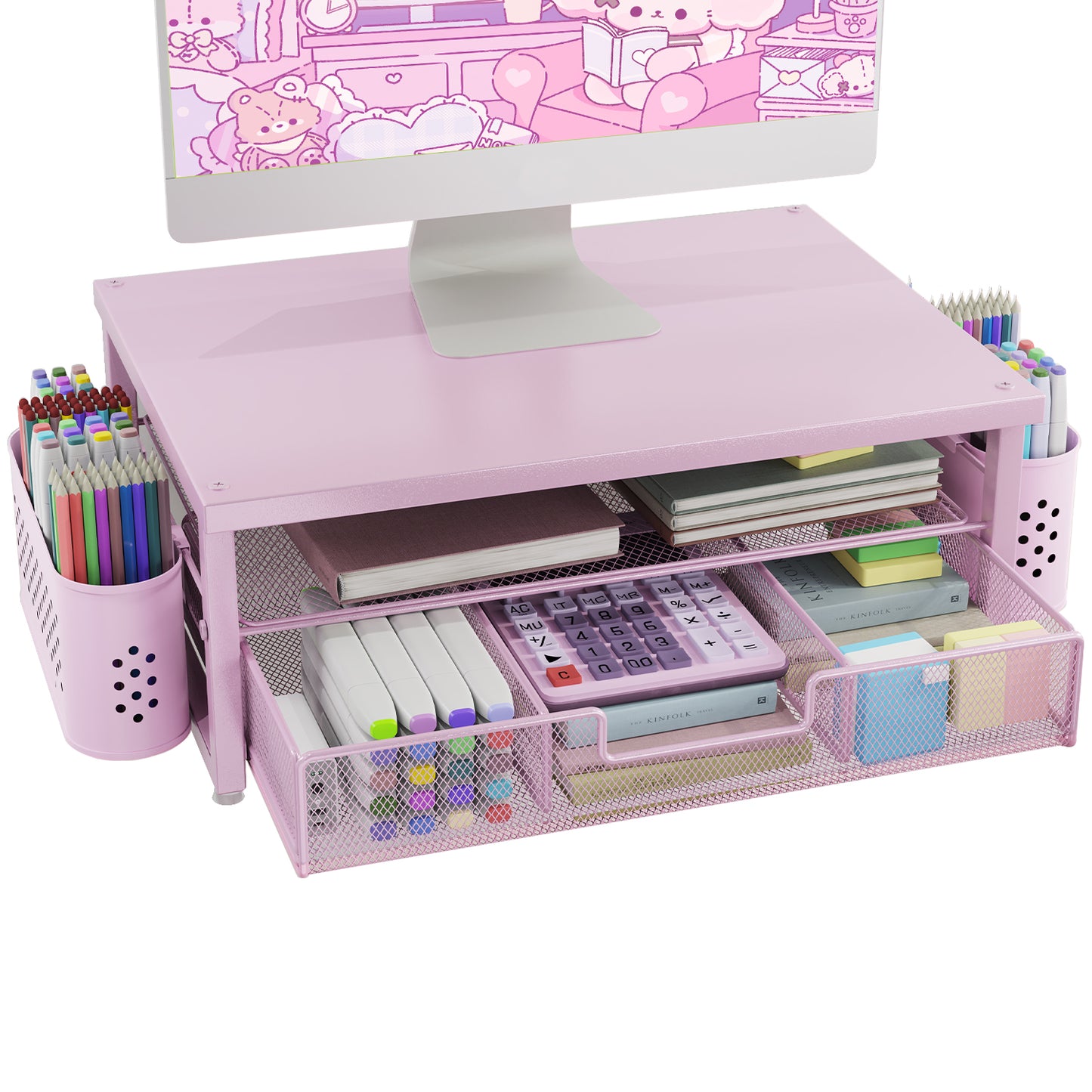 MEHOOM Desk Organizer, 2-Tier Monitor Stand with Storage and 2 Pen Holder, Laptop Stand, Office Desk Accessories for Office Supplies, Pink
