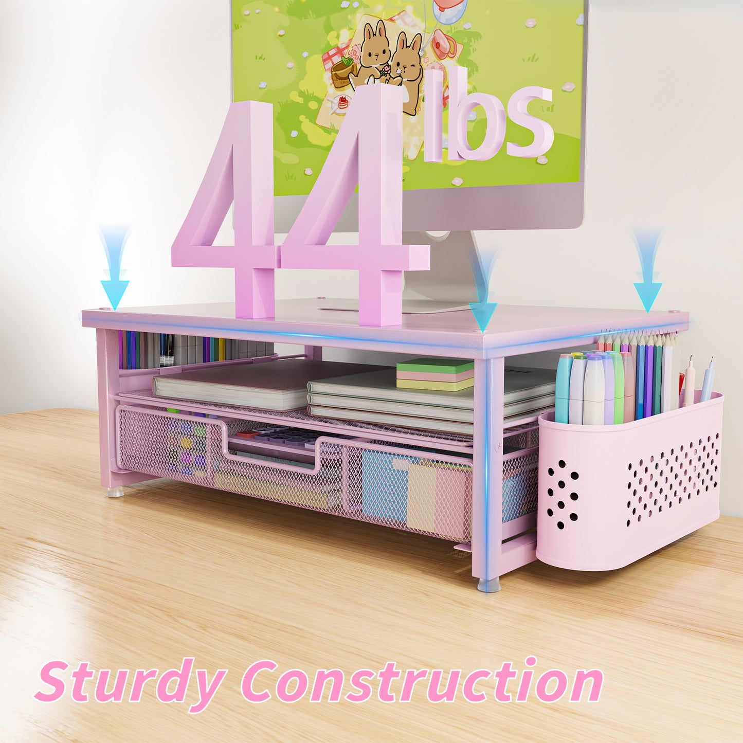 MEHOOM Desk Organizer, 2-Tier Monitor Stand with Storage and 2 Pen Holder, Laptop Stand, Office Desk Accessories for Office Supplies, Pink