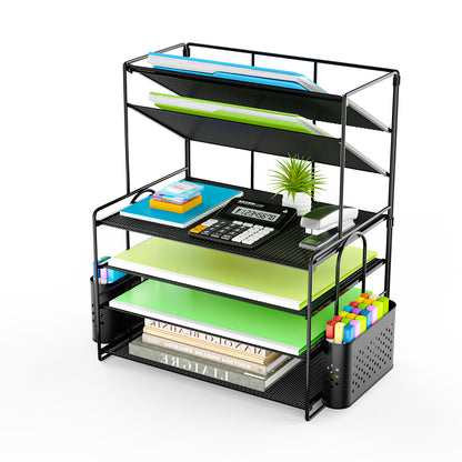 MEHOOM 6 Tier Desk File Organizer, Desk Organizer with Pen Holder and Drawer, Desk organizers and Accessories with 2 Tilted File Sorter, Paper Organizer for Office Supplies
