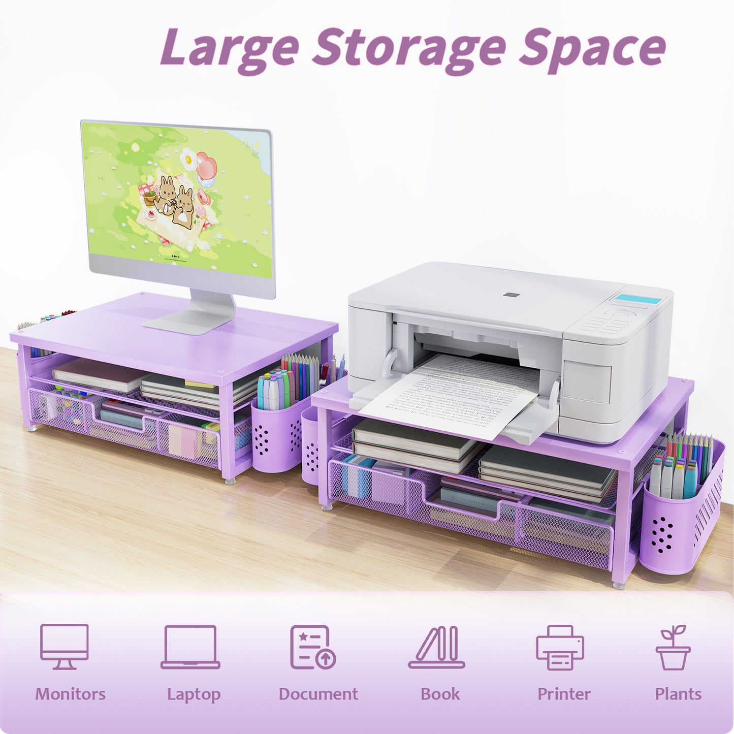 MEHOOM Desk Organizer, 2-Tier Monitor Stand with Storage and 2 Pen Holder, Laptop Stand, Office Desk Accessories for Office Supplies, Purple