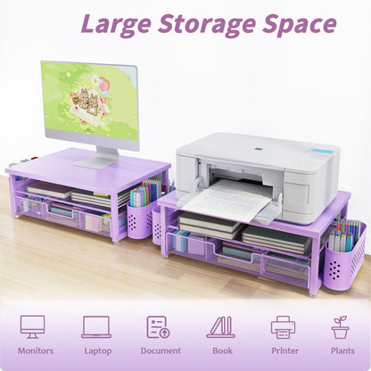 MEHOOM Desk Organizer, 2-Tier Monitor Stand with Storage and 2 Pen Holder, Laptop Stand, Office Desk Accessories for Office Supplies, Purple