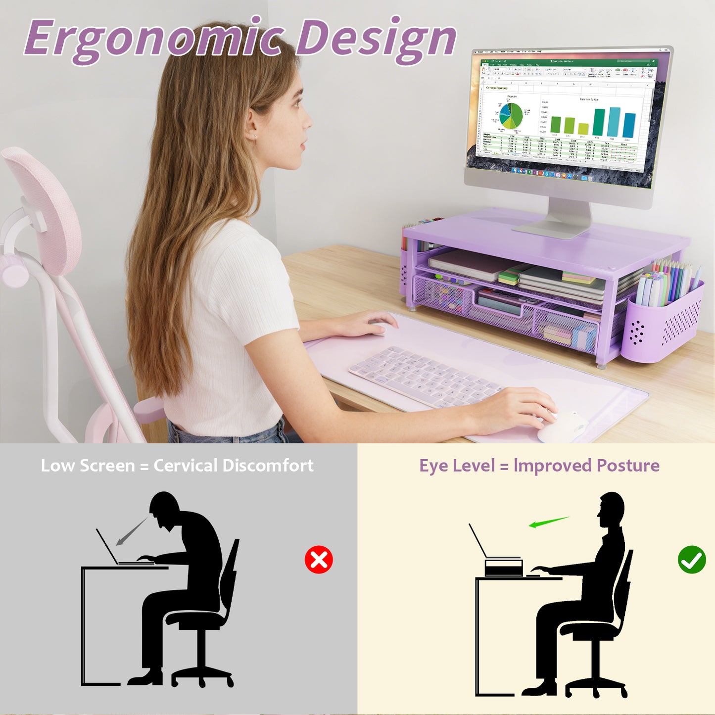 MEHOOM Desk Organizer, 2-Tier Monitor Stand with Storage and 2 Pen Holder, Laptop Stand, Office Desk Accessories for Office Supplies, Purple