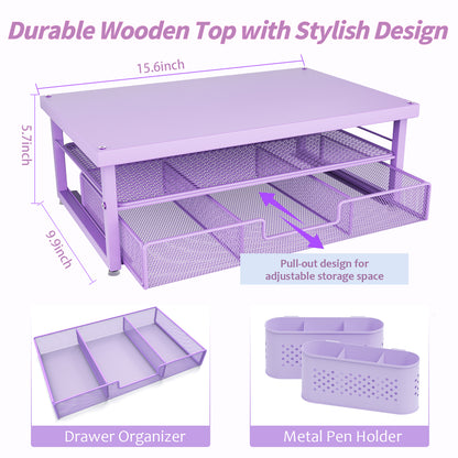 MEHOOM Desk Organizer, 2-Tier Monitor Stand with Storage and 2 Pen Holder, Laptop Stand, Office Desk Accessories for Office Supplies, Purple