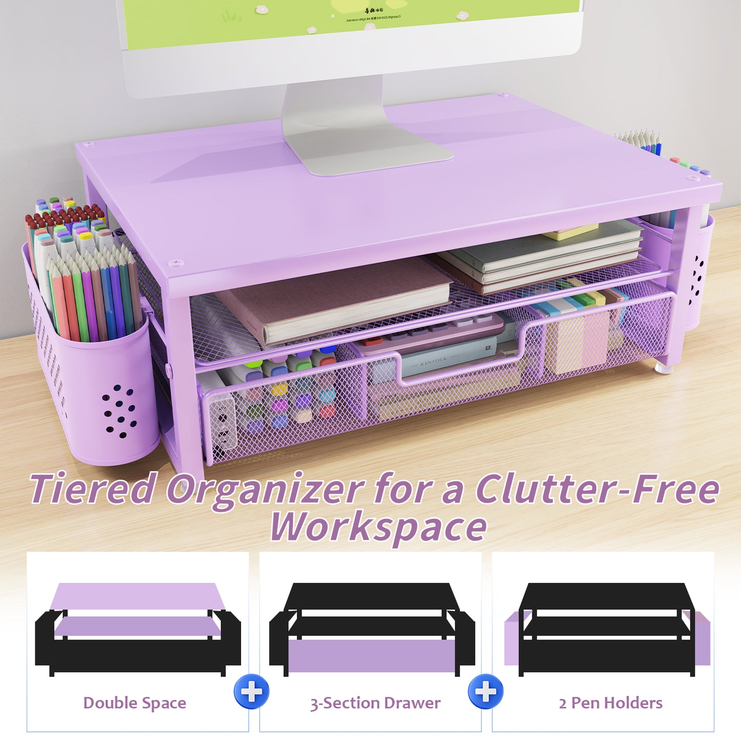 MEHOOM Desk Organizer, 2-Tier Monitor Stand with Storage and 2 Pen Holder, Laptop Stand, Office Desk Accessories for Office Supplies, Purple