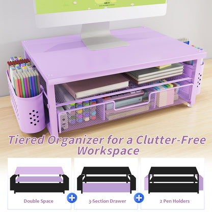 MEHOOM Desk Organizer, 2-Tier Monitor Stand with Storage and 2 Pen Holder, Laptop Stand, Office Desk Accessories for Office Supplies, Purple
