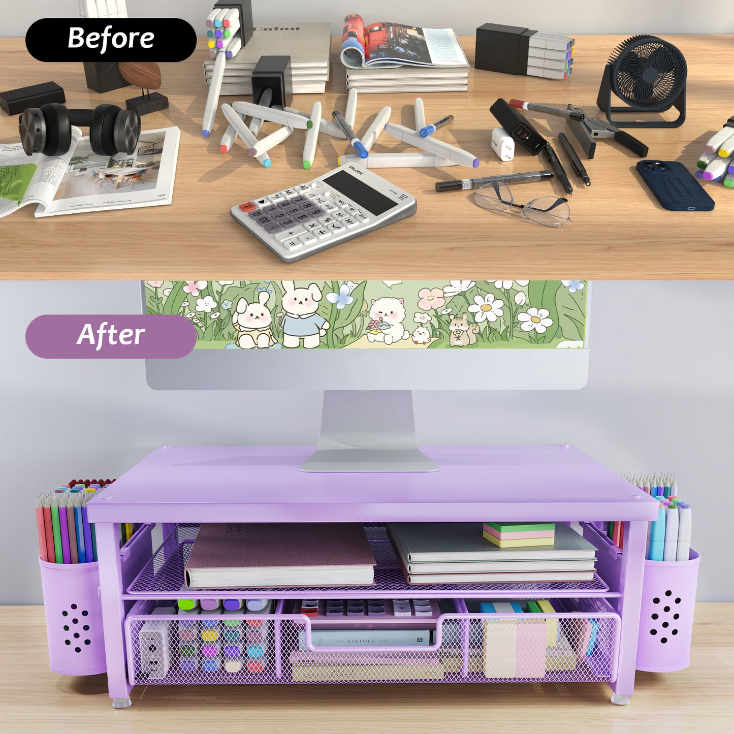 MEHOOM Desk Organizer, 2-Tier Monitor Stand with Storage and 2 Pen Holder, Laptop Stand, Office Desk Accessories for Office Supplies, Purple