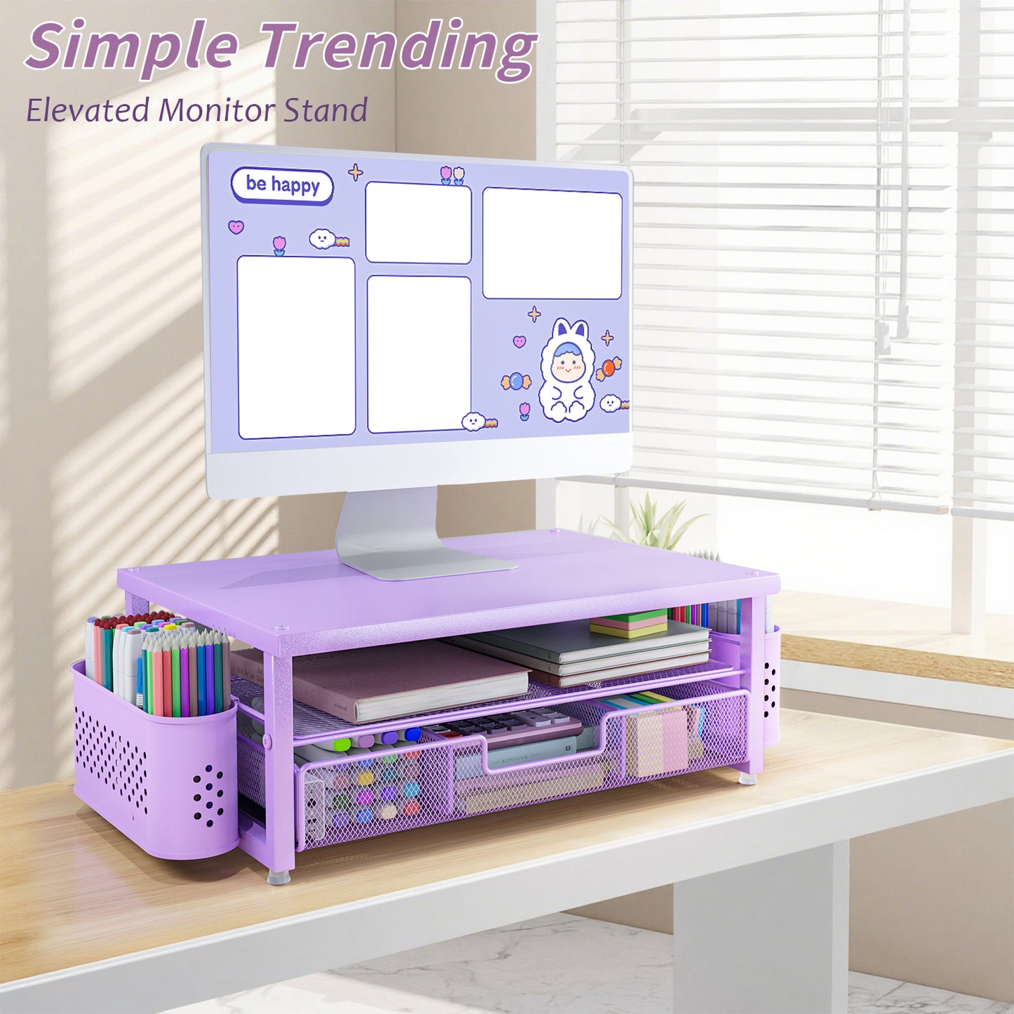 MEHOOM Desk Organizer, 2-Tier Monitor Stand with Storage and 2 Pen Holder, Laptop Stand, Office Desk Accessories for Office Supplies, Purple